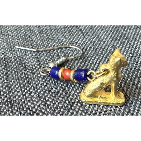 Egyptian Revival Cat Lover Bastet Dangle Pierced Earrings Pewter Carnelian Beads - Picture 9 of 11